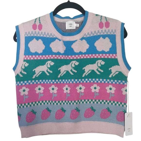 Luna Ivy Blue Pink Sweater Vest NWT XS - Picture 1 of 10